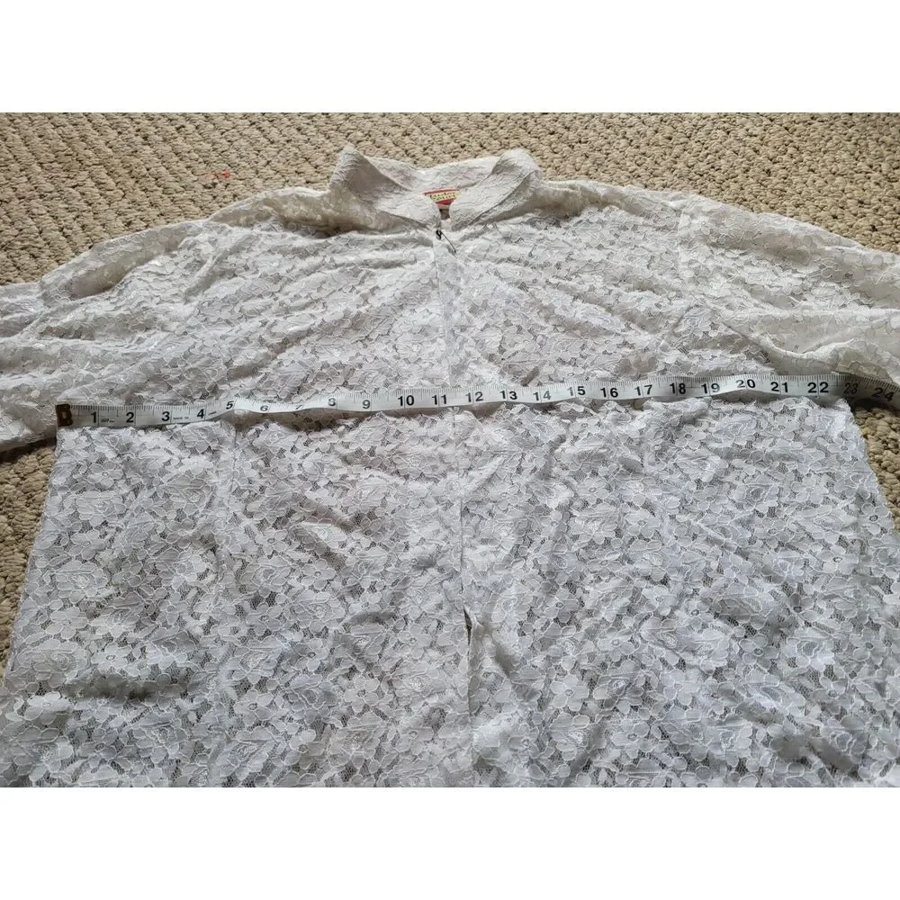Vintage 70s 80s Romantic Sheer Lace Overlay Blouse Open Size L White Retro - Picture 6 of 7